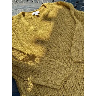 Photo of J Jill Textured V-Neck Sweater Size S Mustard Gold Lightweight Knit