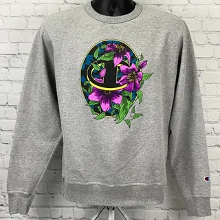Photo of Champion Powerblend Floral Logo Crewneck Sweatshirt S Small Gray Purple Flowers