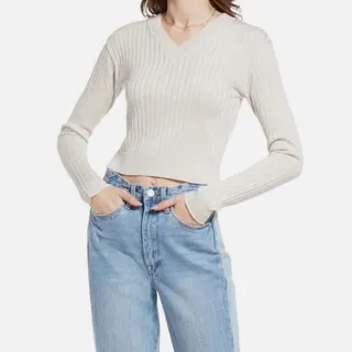 Photo of NWT BP Gray Reagan Rib Ribbed Knit V-Neck Crop Cropped Sweater Women's Size XS