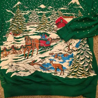 Photo of Vintage Green Christmas Sweatshirt Glitter Sleigh fits a sz M