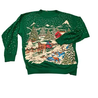 Photo of Vintage Green Christmas Sweatshirt Glitter Sleigh fits a sz M