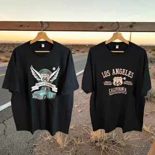 Photo of Set of 2 Men's XL Route 66 Los Angeles California 100% Cotton Black S/S T-Shirts