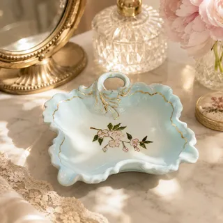Photo of Vintage Mid-Century Hand Painted Blue Scalloped Cherry Blossom Trinket Dish
