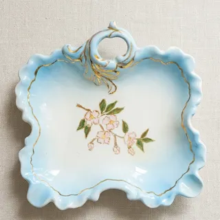Photo of Vintage Mid-Century Hand Painted Blue Scalloped Cherry Blossom Trinket Dish