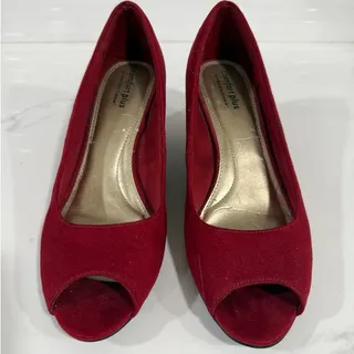 Photo of Red Peep Toe Wedge Pumps US Size 9M Comfort Plus by Predictions Faux Suede Heels