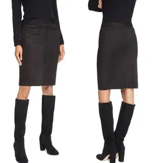 Photo of J.McLaughlin Womens 12 Sonya Black Faux Suede Blue Welt Midi Pencil Skirt NWT