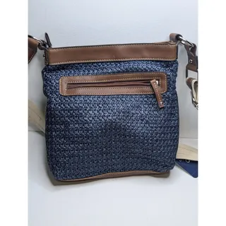 Photo of CHAPS Navy Woven Crossbody with Brown Trim And Cream Canvas Strap Accents.