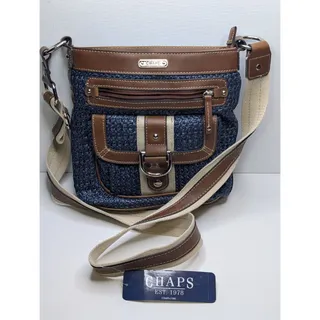 Photo of CHAPS Navy Woven Crossbody with Brown Trim And Cream Canvas Strap Accents.