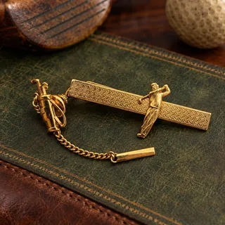 Photo of Stratton England Vintage Golfer Tie Clip Gold Tone Golf Bag Chain T-Bar Patent