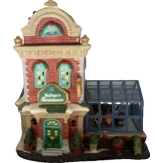 Photo of McFay's Greenhouse Lighted Christmas Village Flower Shop Vintage Victorian Holiday Decor Gift for Gardener Glass Greenhouse Mantel