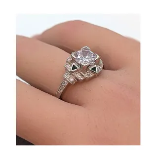 Photo of Vintage Inspired Art Deco 925 Sterling Green Trillion Round CZ Ring Sz 8.75