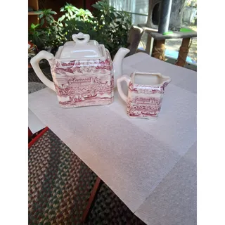 Photo of Vtg Red Transferware Teapot & Matching Creamer (3246)