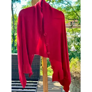Photo of Top It Off Red Sweater Cape Wrap Button Front Ruffle Hem One Size
