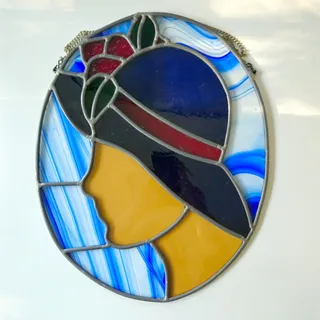 Photo of Vintage Art Deco / Art Nouveau Stained Glass Lady Window Hanging Sun Catcher
