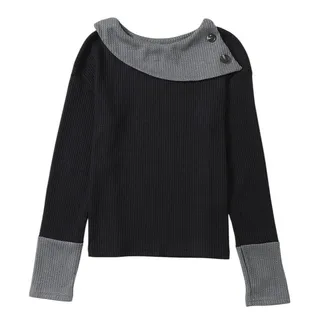 Photo of Black Waffle Knit Patchwork Color Block Asymmetrical Neck Top New S, M    