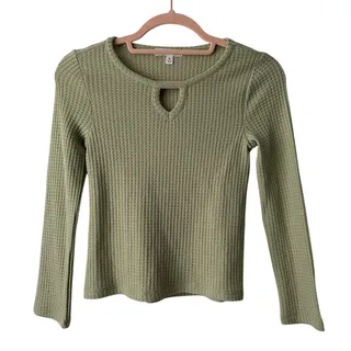 Photo of Love Glam Girl Long Sleeve Waffle Knit Keyhole Pullover Lt Green Top-Girls Med