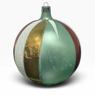 Photo of Vintage Poland Jumbo 4in Glass Christmas Ornament Teal Red Gold Striped Patina