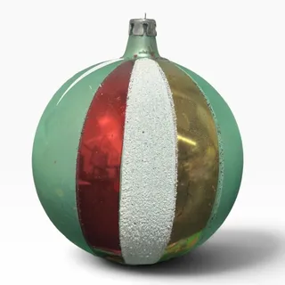 Photo of Vintage Poland Jumbo 4in Glass Christmas Ornament Teal Red Gold Striped Patina