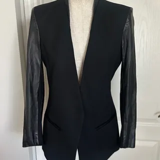 Photo of Helmut Lang Black Wool Tuxedo Blazer with Lambskin Leather Sleeves - Size 6