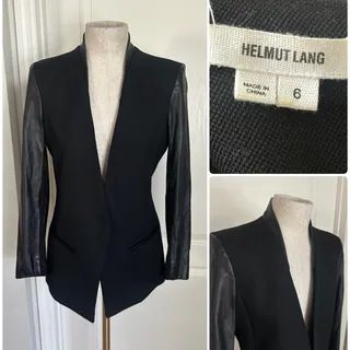 Photo of Helmut Lang Black Wool Tuxedo Blazer with Lambskin Leather Sleeves - Size 6
