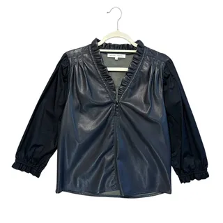 Photo of Melissa Nepton Adria Faux Leather Contrasting Sleeve Top Women's Sz M Gray Navy