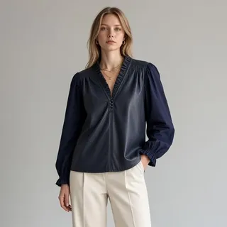 Photo of Melissa Nepton Adria Faux Leather Contrasting Sleeve Top Women's Sz M Gray Navy