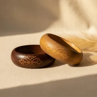 Photo of Vintage 1970s Wood Bangle Bracelets Pair-Carved-Boho Hippie-Statement Jewelry