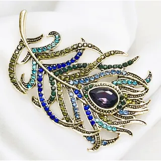 Photo of Vintage Peacock Multi-Color Crystal Gold Plated Feather Accent Brooch