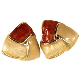 Photo of Vintage 1950s Inlaid Rust Beige Enamel Earrings • Goldtone • 1.5" • Clip On