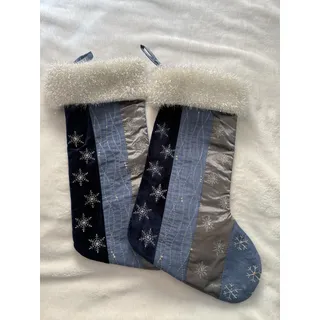 Photo of Set of 2 ~ 17" Quilted Snowflake Christmas Stocking Blue Shiny Material White top