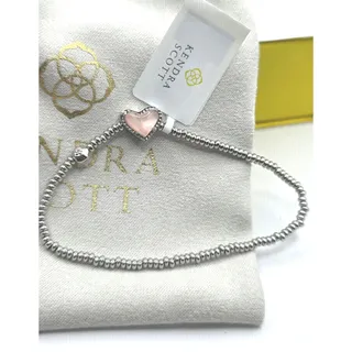 Photo of Kendra Scott Ari Heart Rose Quartz Silver Stretch Bracelet 6.5" - New 