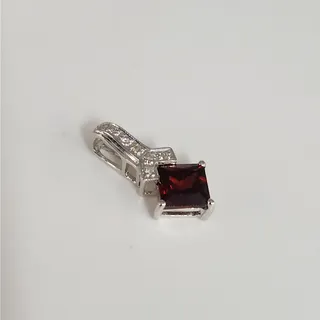 Photo of 14k White Gold Natural Garnet & Diamond Pendant Princess Cut