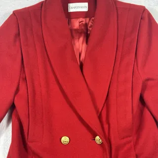 Photo of VTG Charles Klein Red Pure Wool Long Coat Women 4 Double Breasted Gold Eagle