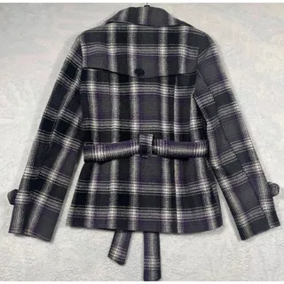 Photo of Beverly Hills Polo Club Women M Plaid Wool Blend Belted Coat Jacket Black Purple