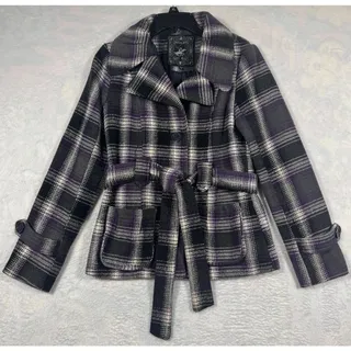 Photo of Beverly Hills Polo Club Women M Plaid Wool Blend Belted Coat Jacket Black Purple
