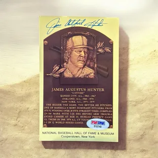 Photo of Jim Catfish Hunter Signed HOF Plaque Postcard PSA/DNA D12743 Yankees A’s Auto