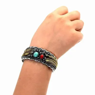 Photo of Retro Faux Turquoise Native American Style Silvertone Bracelet • Goldtone Leaves