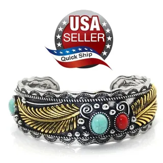 Photo of Retro Faux Turquoise Native American Style Silvertone Bracelet • Goldtone Leaves