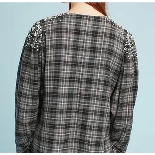 Photo of Anthropologie Embellished Pearl Plaid Flannel Button Down Shirt Blouse S NWT