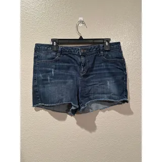 Photo of LC Lauren Conrad Dark Blue distressed Denim Raw Hem Shorts Sz 14