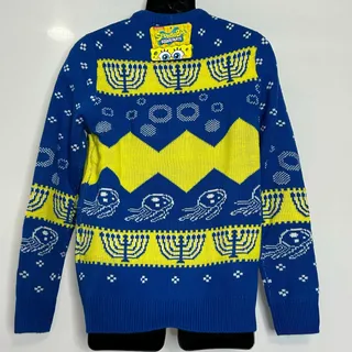 Photo of Nickelodeon SpongeBob Patrick Hanukkah Sweater XL Blue Yellow Holiday Knit NWT