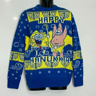 Photo of Nickelodeon SpongeBob Patrick Hanukkah Sweater XL Blue Yellow Holiday Knit NWT