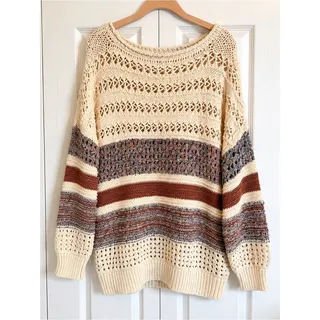 Photo of Zara Oversized Open Knit Striped Sweater Cream Brown Boho Cotton Blend