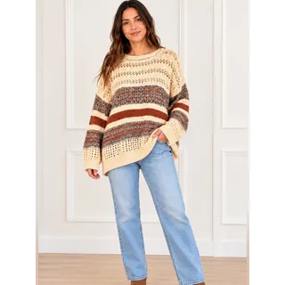 Photo of Zara Oversized Open Knit Striped Sweater Cream Brown Boho Cotton Blend