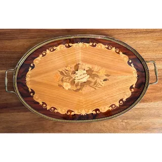 Photo of Vintage Italian Sorrento Marquetry Serving Tray – Floral Inlay & Brass Gallery
