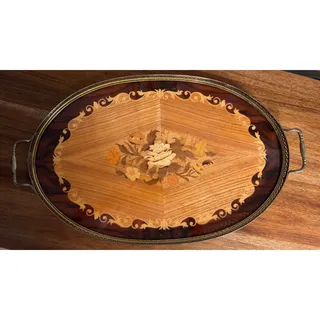 Photo of Vintage Italian Sorrento Marquetry Serving Tray – Floral Inlay & Brass Gallery
