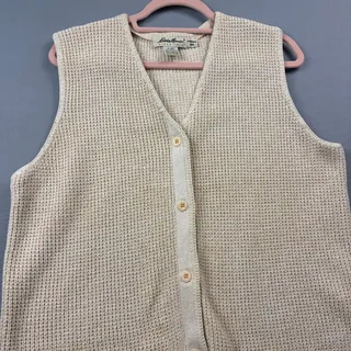Photo of Vintage 90s Eddie Bauer Sweater Vest Cardigan Medium Oatmeal Waffle Knit Cotton