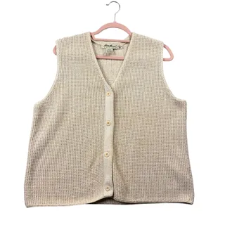 Photo of Vintage 90s Eddie Bauer Sweater Vest Cardigan Medium Oatmeal Waffle Knit Cotton