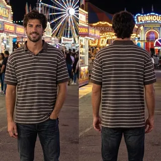 Photo of Ralph Lauren Brown w/ blue Stripes Short Sleeve Polo Shirt Mens Size Large 42-44