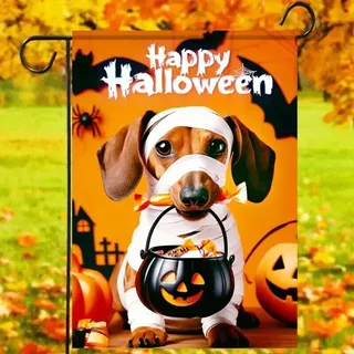 Photo of Halloween Mummy Dachshund Outdoor 12x18 Welcome Sign Flag • Weather-Resistant